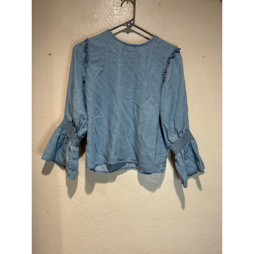 Zara Woman Premium Denim Light Wash Chambray Ruffle Smocked Bell Sleeve Blouse S